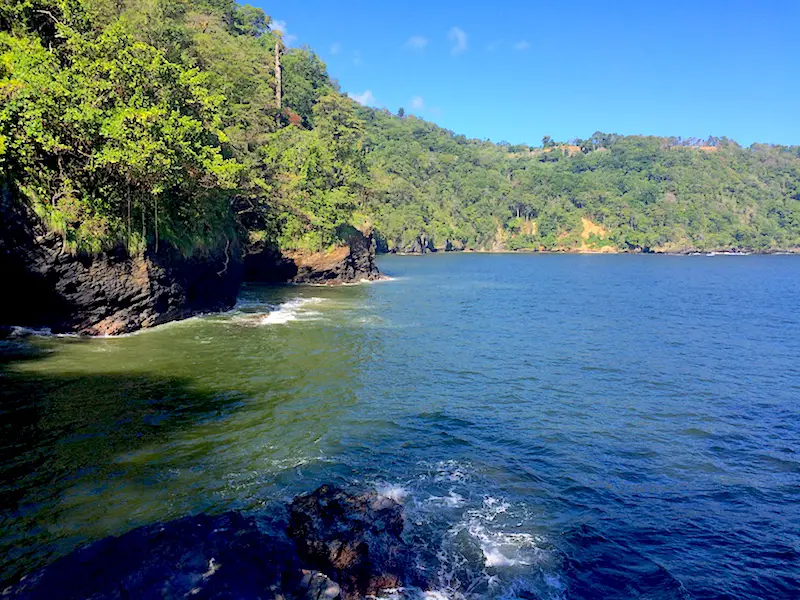 Caribbean waters crashing on rocks in Peechon Cove, Trinidad.