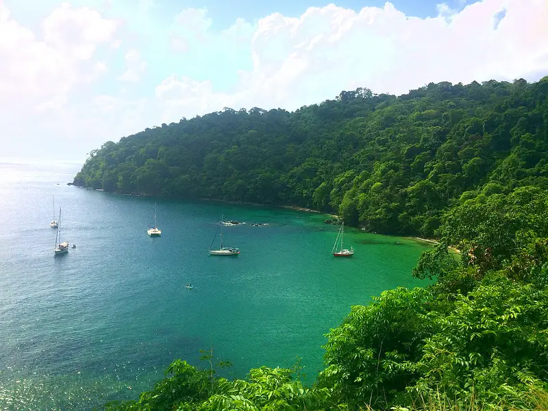 Yachts in the emerald waters of Pirates Bay, Tobago