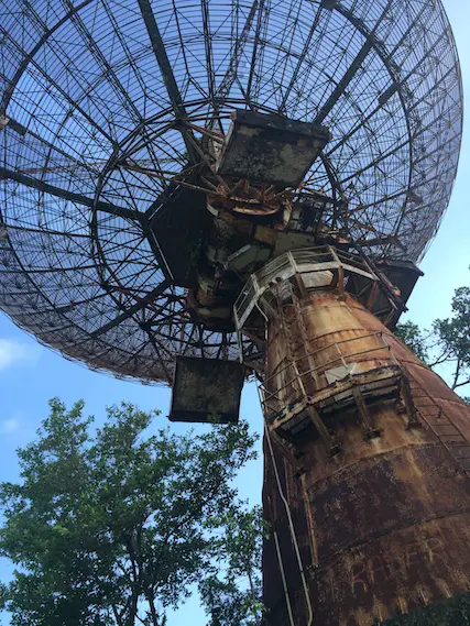 Enormous rusty radio tower from Cold War at Bamboo Cathedral, Trinidad.