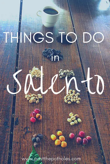 Coffee beans at each stage of process on a table with text: things to do in Salento.