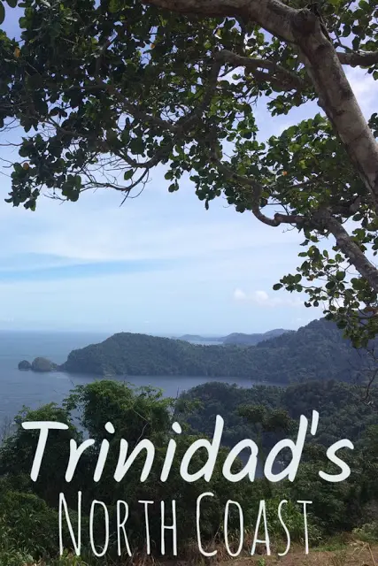 View of Caribbean from the jungle with text: Trinidad's North Coast