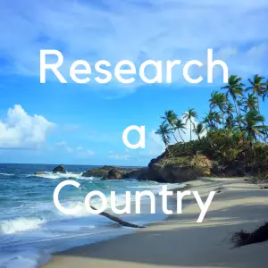 tropical beach in Trinidad with text "research a country"