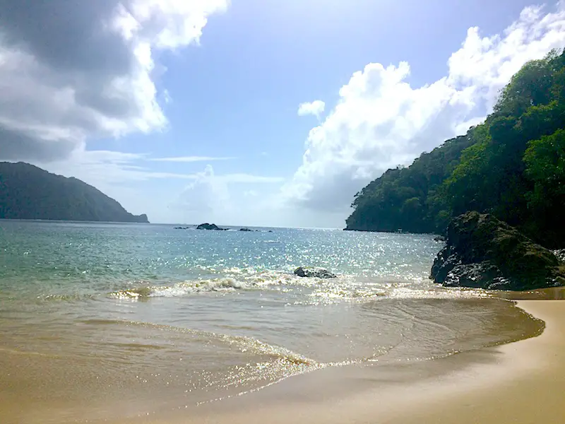 Golden sand, rocky cliffs and turquoise water at Pirates Bay, Charlotteville in Tobago.