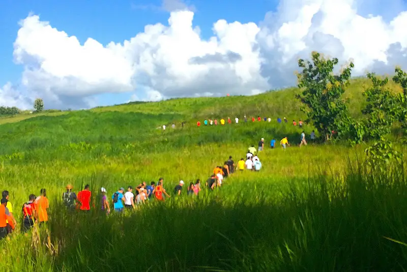 line of people walking through a field hashing, one of the best things to do in Trinidad