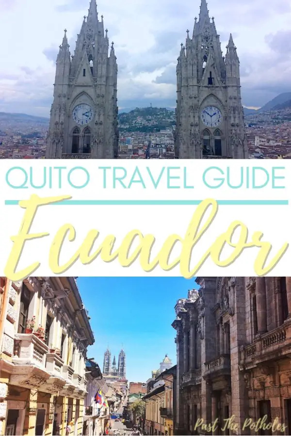 Church towers and colonial buildings with the text: Quito Travel Guide, Ecuador.