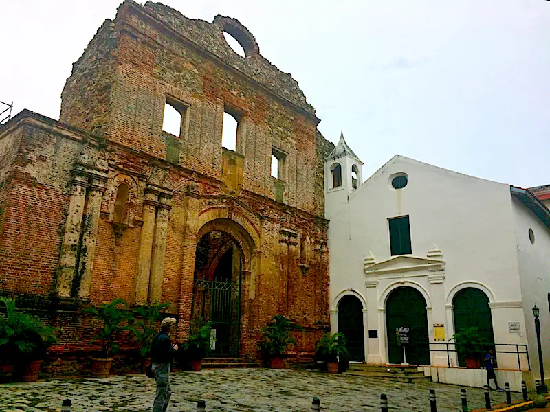 Church ruins in a small plaza in Casco Viejo, Panama City