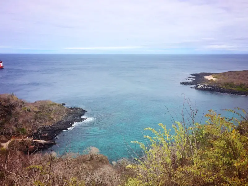 Looking down from cliff Las Tijeretas to the bright turquoise waters of Darwin's Cove on San Cristobal, Galapagos Islands.