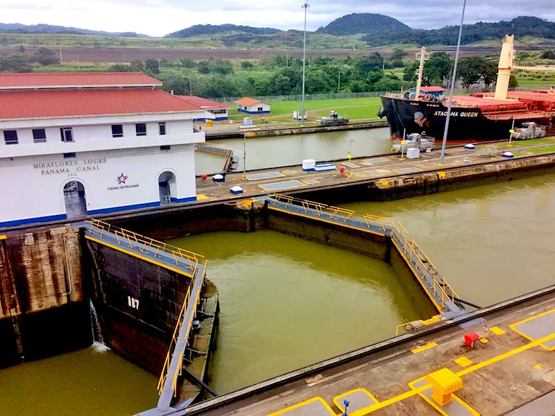 Lock gates with different water levels at Miraflores Locks, Panama Canal, Panama