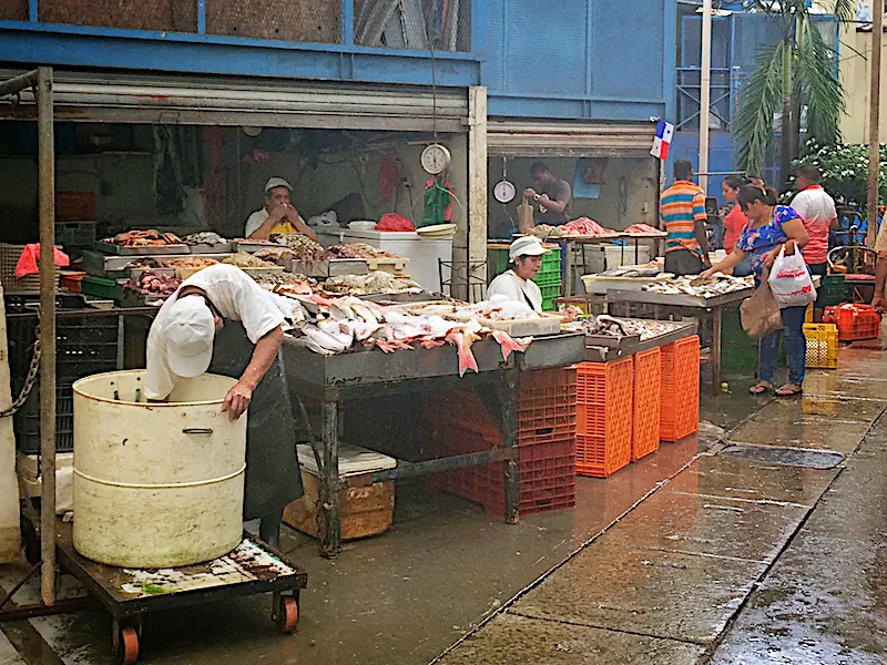 Man leaning into a bin and a woman cleaning tables of fish at Panama City fish market, Panama.