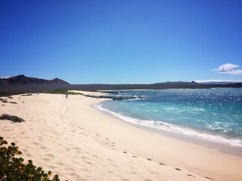 Deserted beach of white sand and clear blue water called Bahia Sardina on San Cristobal Island, Galapagos Ecuador.