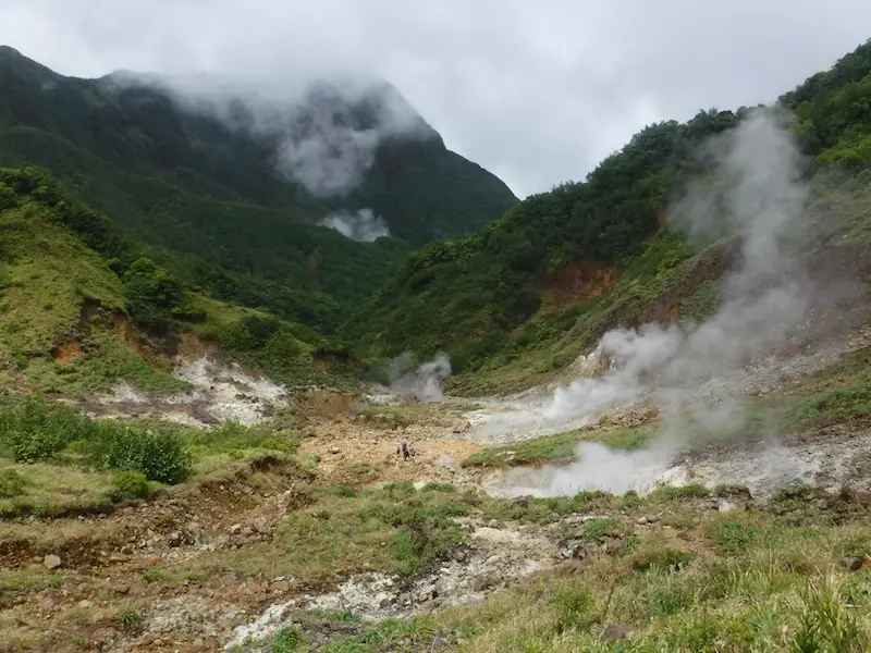 Pockets of steam throughout a dry rugged valley in Dominica.