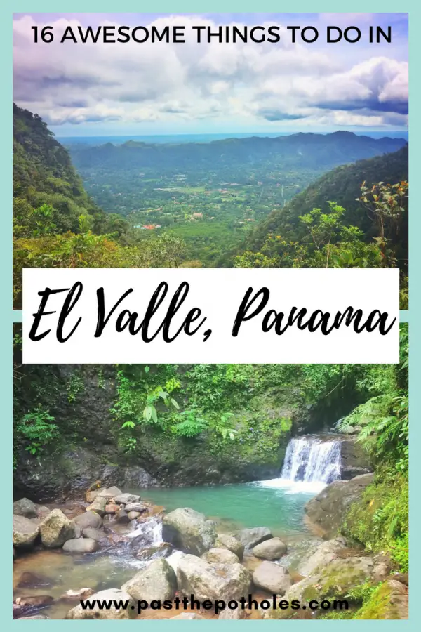 Volcano caldera and turquoise waterfall. Text: El Valle, Panama.