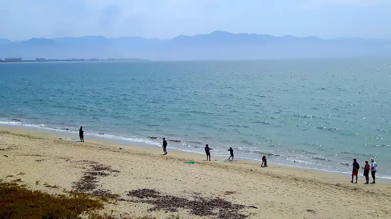 Men along shoreline pulling in a fishing net at dawn with mountains in background at Bucerias, Mexico.