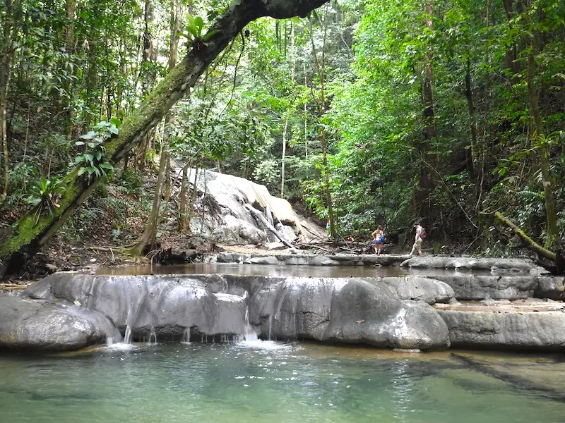 Limestone steps and blue water pools in thick jungle with two people hiking.