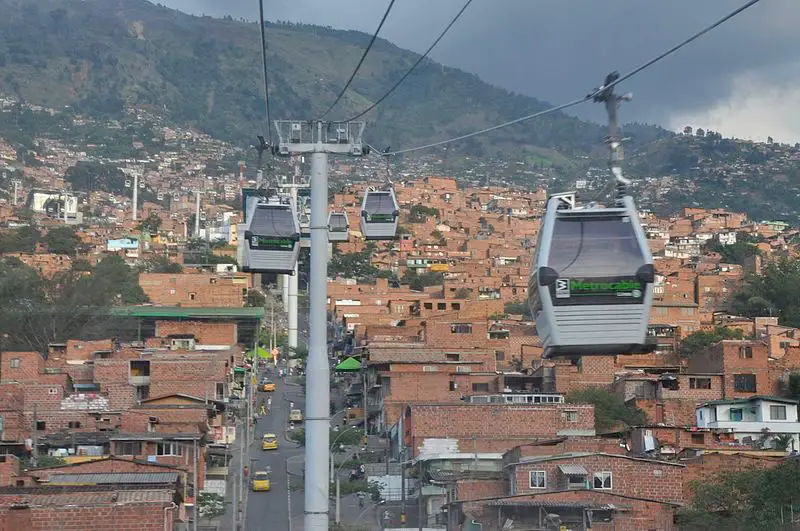 Cable cars above the roofs of Medellin, Colombia.