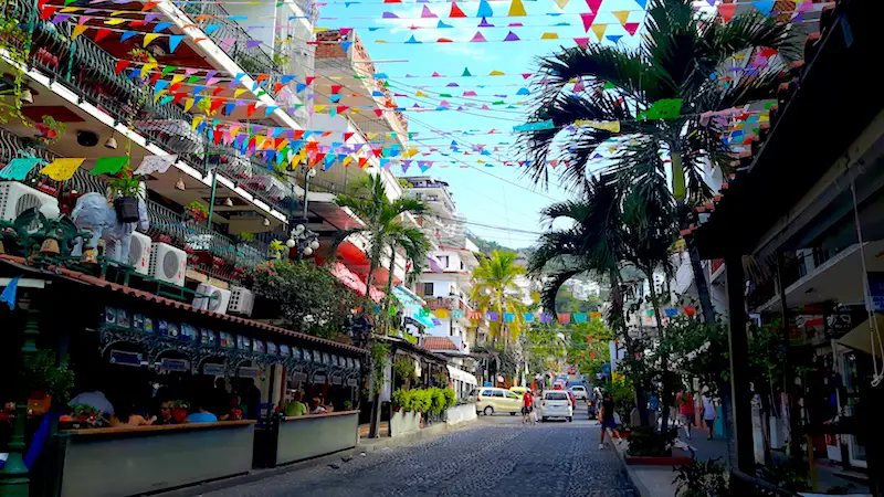 Puerto Vallarta street with banners strung all across it.