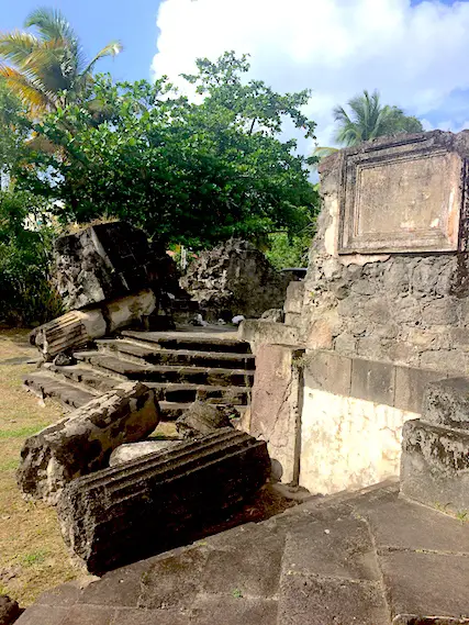 Fallen columns and steps at ruins from volcanic eruption in Saint Pierre, Martinique.