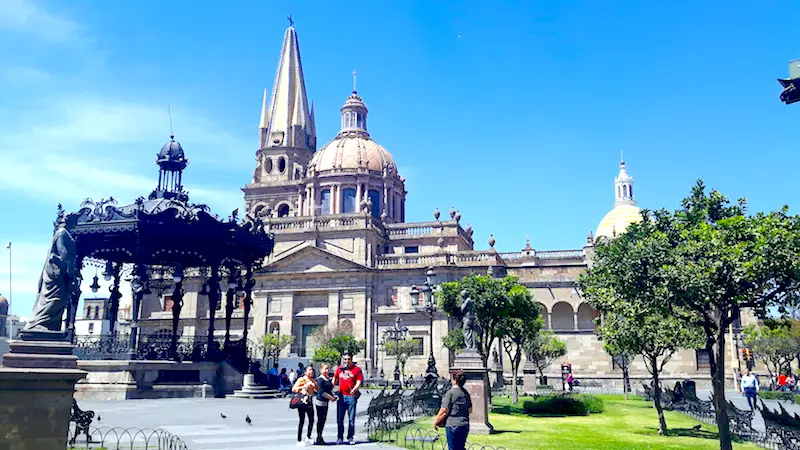 The grand buildings around the main plaza in Guadalajara, Mexico.