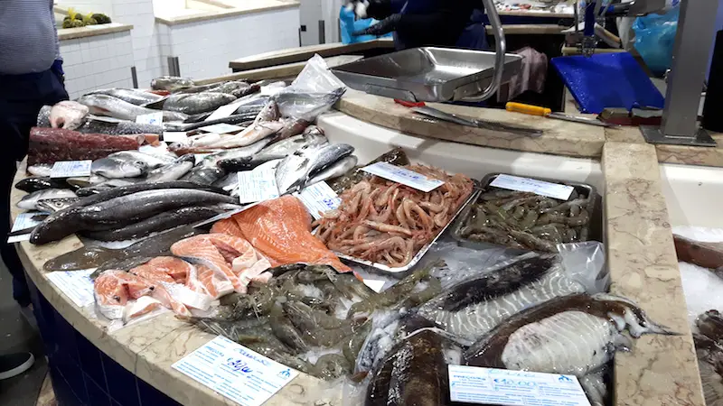 A variety of seafood for sale at Lagos market, Portugal.
