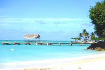 View of palapa roof on pier at Pigeon Point, Tobago with white sand and turquoise waters.