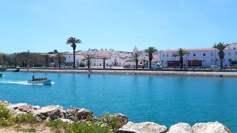 Looking across a blue river to palm trees and the white buildings of Lagos Old Town, Portugal.