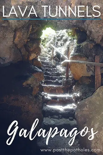 Looking up stairs out of lava tunnel with text: Lava tunnels, Galapagos