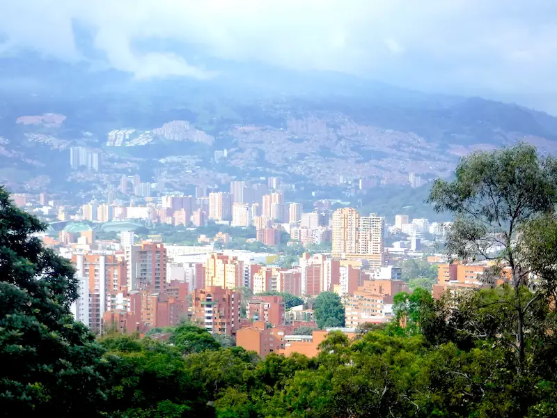 View of skyline of Medellin, Colombia from lookout.