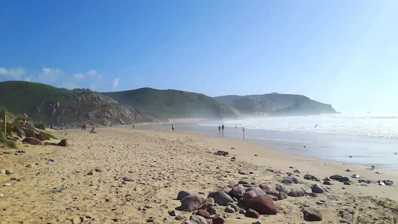 Long windswept beach with a few rocks and backed by cliffs in Vicentina coastline, Portugal.