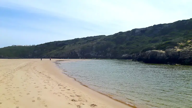 A river running between a beach and tree covered hillside in Alentejo region of Portugal.