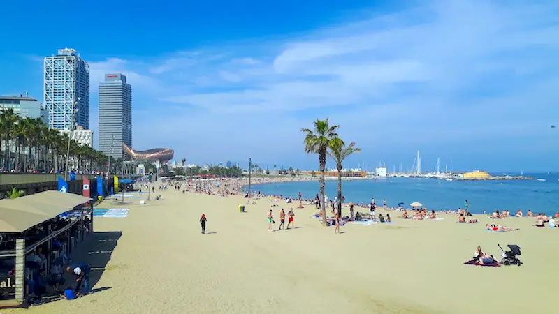 Large beach backed by tall buildings in Barcelona, Spain.