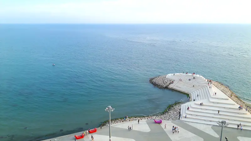 View of boardwalk and sea from our condo window in Durres, Albania.