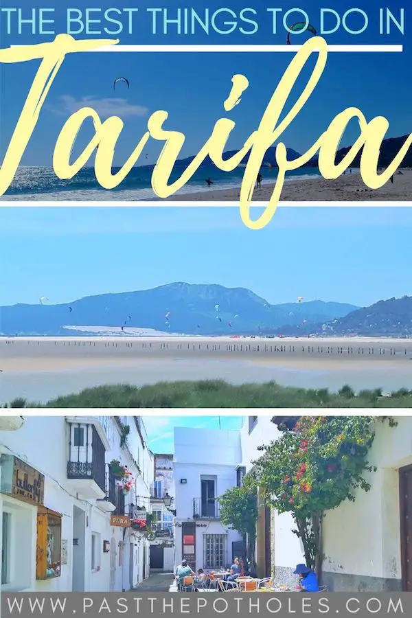 Kitesurfing beach and old town with text: The Best Things to do in Tarifa, Spain.