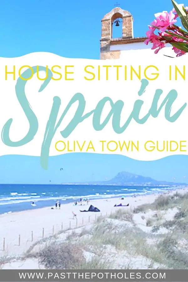 Beach and old church tower with text: House sitting in Spain, Oliva Town Guide.