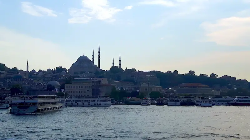 Minurets and mosques in the skyline of Istanbul, Turkey from a Bosphorus cruise.