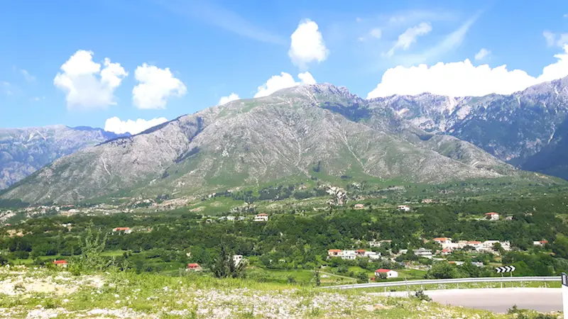 Mountain views across lush countryside in Albania.