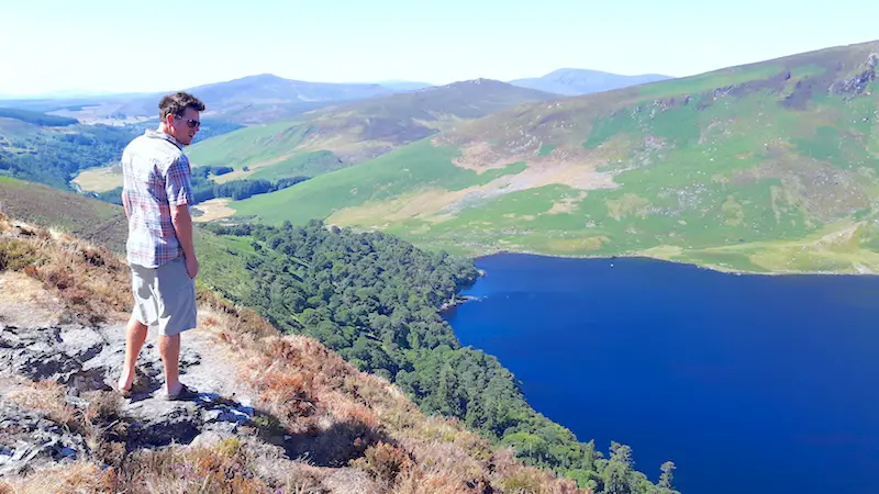 View of lake and green hills from Sally's Gap viewpoint in County Wicklow, Ireland.