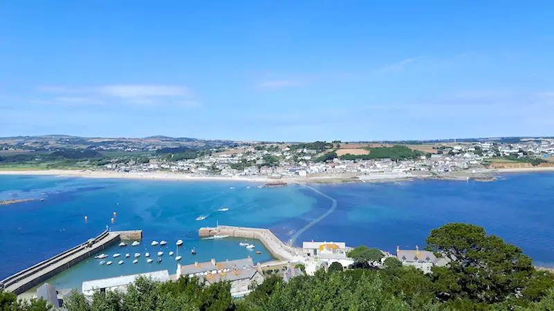 Blue water with a submerged causeway from top of St Michaels Mount, Cornwall.