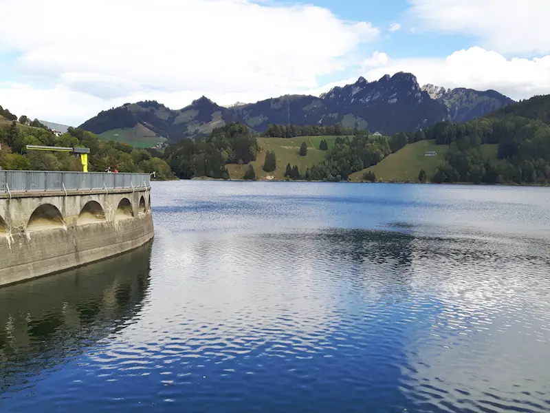 Dam wall in a reservoir near Gruyere, Switzerland.