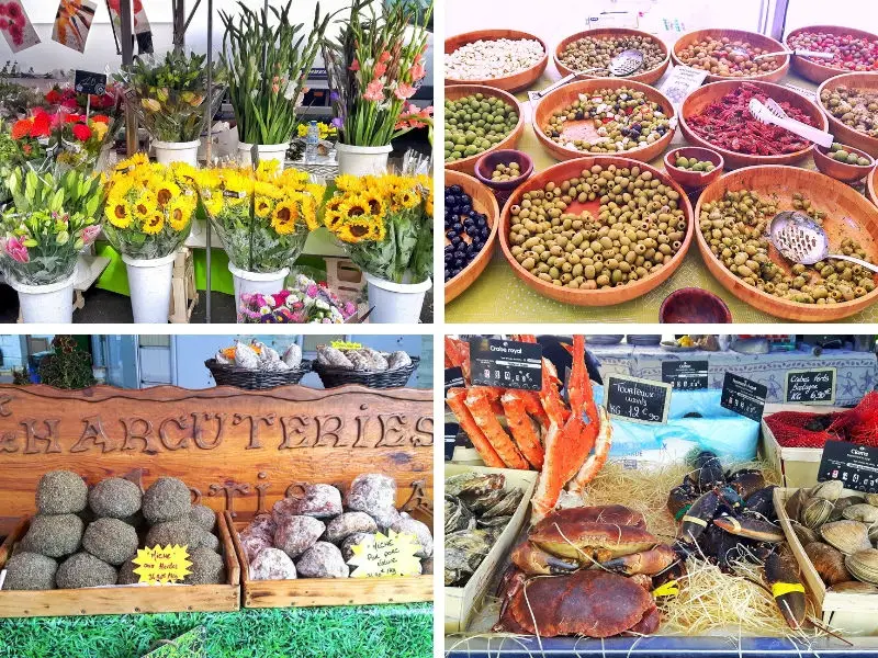 Various pictures of stalls at Ferney-Voltaire market, France.