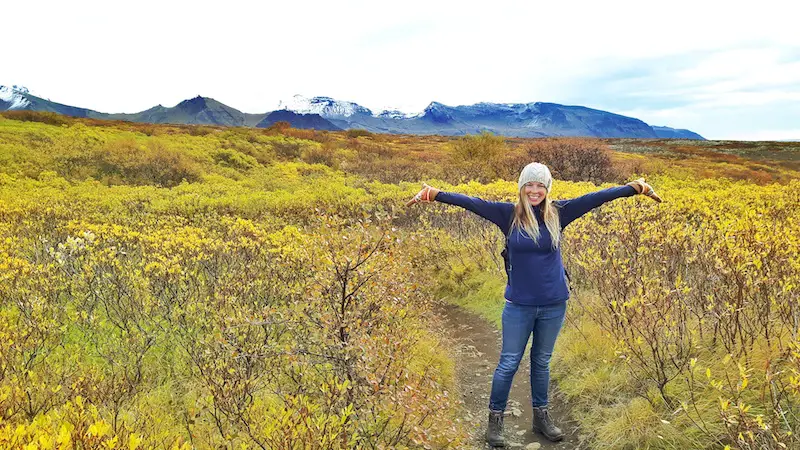 Woman in the middle of trail surrounded by yellow foliage with snow-capped mountains behind in Skaftafell National Park, Iceland.