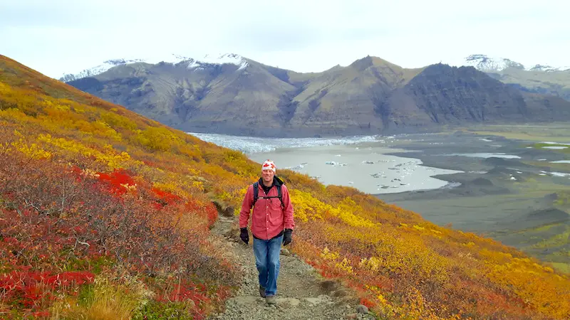 Man walking along a path surrounded by yellow and red plants with Skaftafell glacier behind him, Iceland.