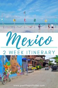 picture of Holbox beach and bright graffiti with text: Mexico, 2 week itinerary