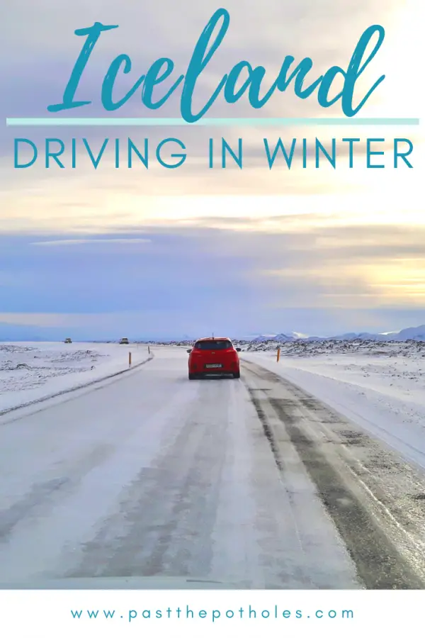 Red car driving on icy road in Iceland with text: Iceland, driving in winter