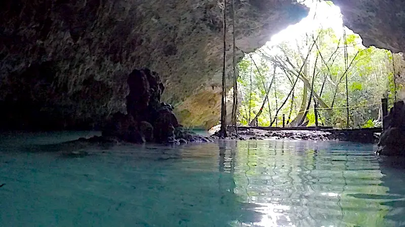 Looking out to a forest from inside a turquoise water filled cave in a cenote in Mexico.