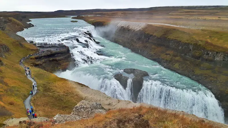 huge waterfall surrounded by cliffs, Gullfoss waterfall, Golden Circle, Iceland