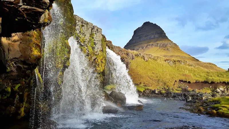 Triple waterfall and mountain at Kirkjufellsfoss, Iceland.