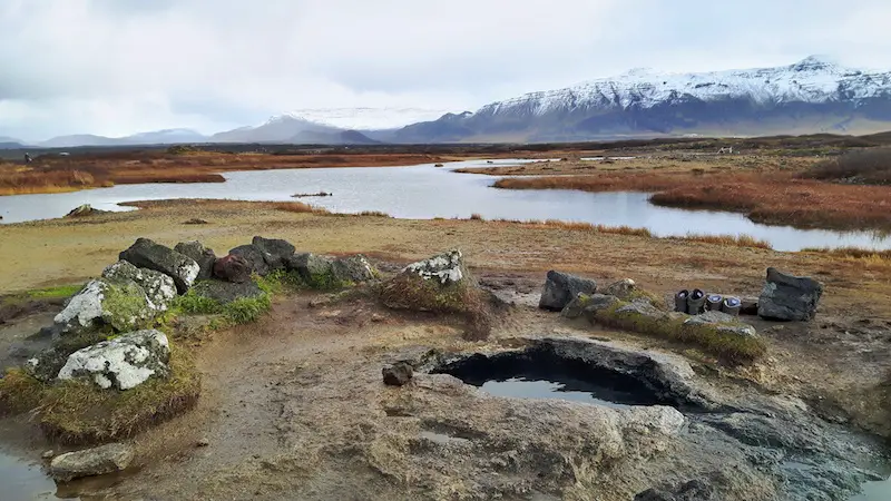 small natural hot spring in a field, Landbrotalaug Hot Pot, west Iceland