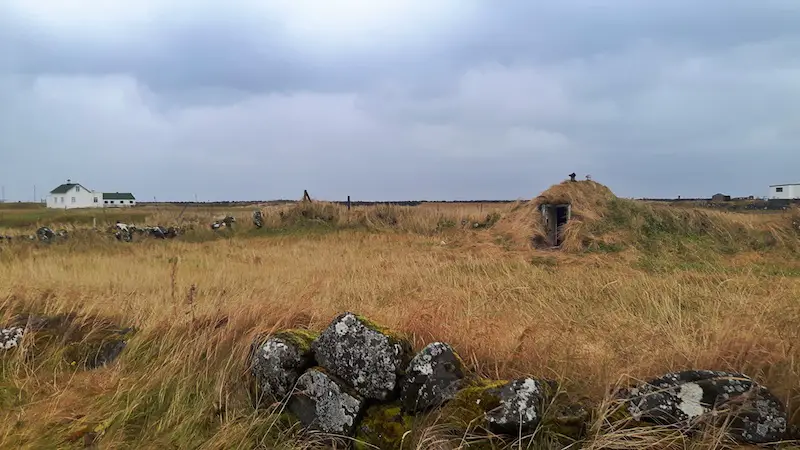 turf covered building in Gardur, Reykjanes Peninsula, Iceland.