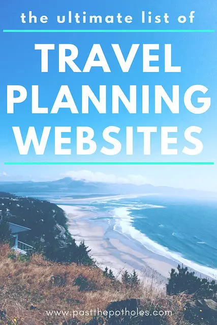 aerial view of long, wide beach with text: The ultimate list of Travel Planning Websites