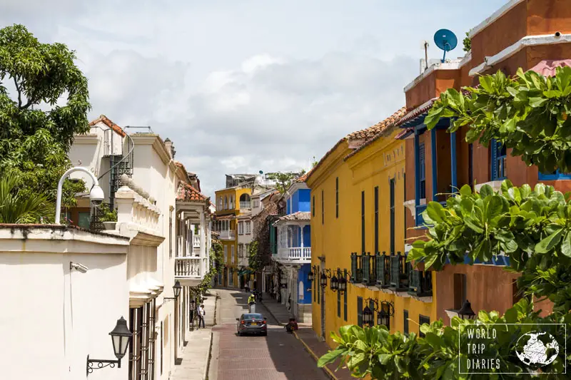 Colourful colonial buildings in the streets of Cartagena, one of the best places to visit in Colombia.